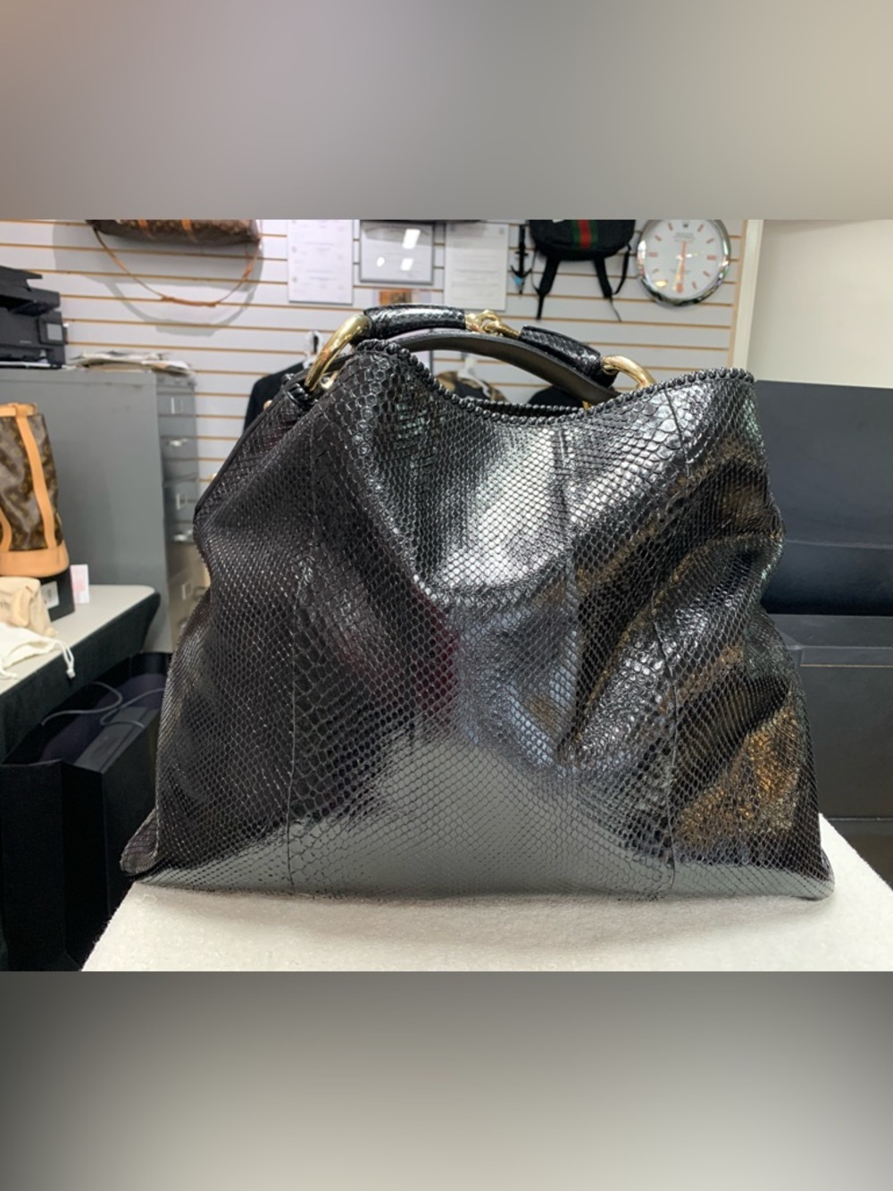 Gucci Horsebit Large Black Python Snakeskin Hobo Bag